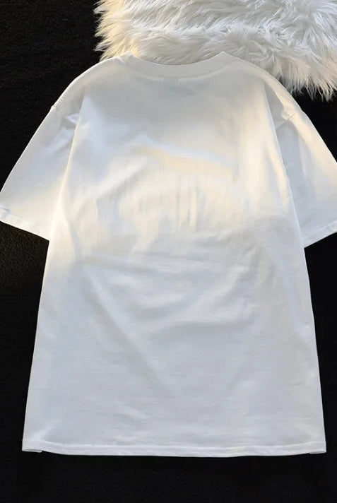 Summer Japanese Cute Cartoon Stacked Cat printed short-sleeved T-shirt for ladies and boys, loose fit, white, casual large