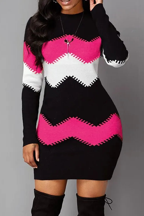 Women Women Elegant Patchwork Long Sleeve Warm Dress 2022 Autumn Winter Rib Knit Sweater Dress Casual Turtleneck Pullover