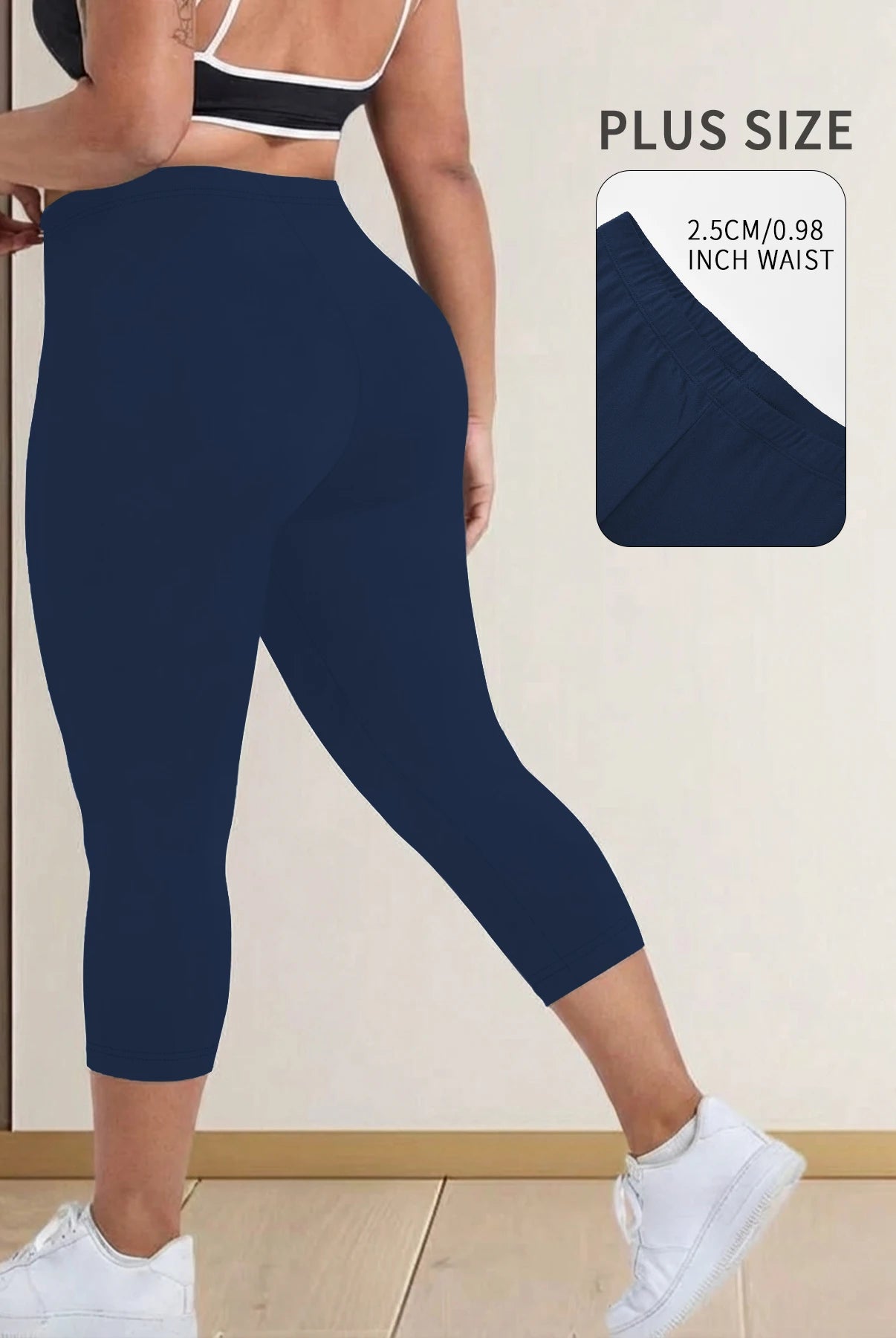 Plus Size Super Soft Capri Pants for Women in navy blue, made of stretchy, no see-through fabric, ideal for workout, running, and yoga.