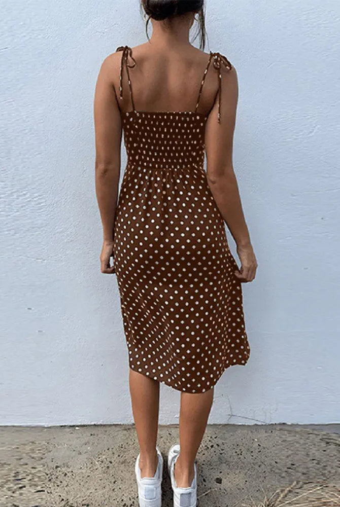 Dresses Sundress Summer Women Causal Polka Dot Sleeveless High Pleated elastic waist V-Neck Beach Dress showing brown fabric