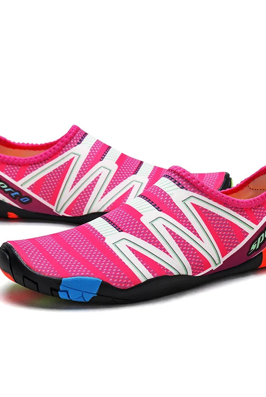 Lager Size Unisex Outdoor Aqua Shoes in pink with white and black accents, designed for beach barefoot swimming, indoor fitness, and gym activities.