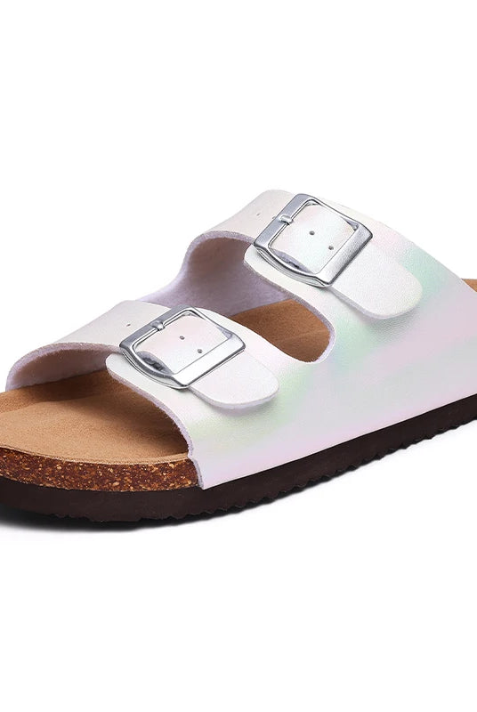 Comwarm New Women's Gradient Slippers with white double buckle straps, cork footbed, and black sole, suitable for summer