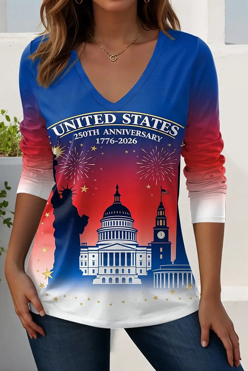 Vintage US Flag 250th anniversary pattern women's T-shirt with patriotic fireworks, Capitol, Statue of Liberty, long