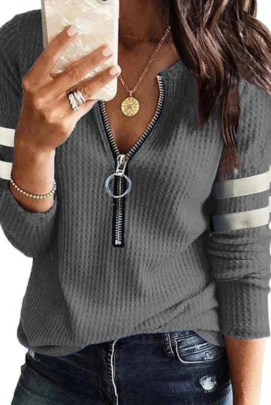 Women's New Spring Fall Stripe Big Zipper Retro Sweater with long sleeves, gray color, ribbed texture, and sporty striped