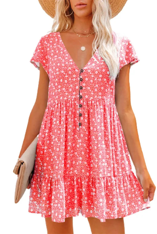 European women's spring and summer loose leisure dress with v-neck, button front, small broken flower pattern, short sleeves, and ruffled hem.