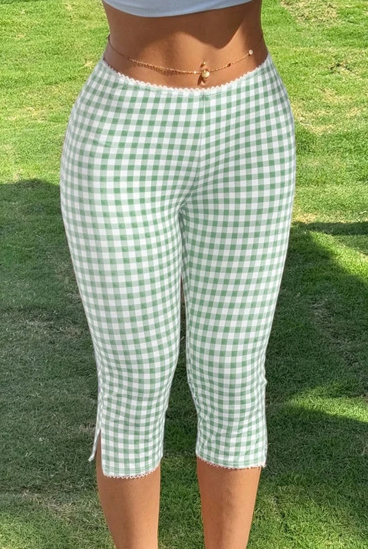 Women Capri Pants Elastic High Waist 3/4 Length Slim Fit Trousers with green and white plaid print, slit detail, cropped for