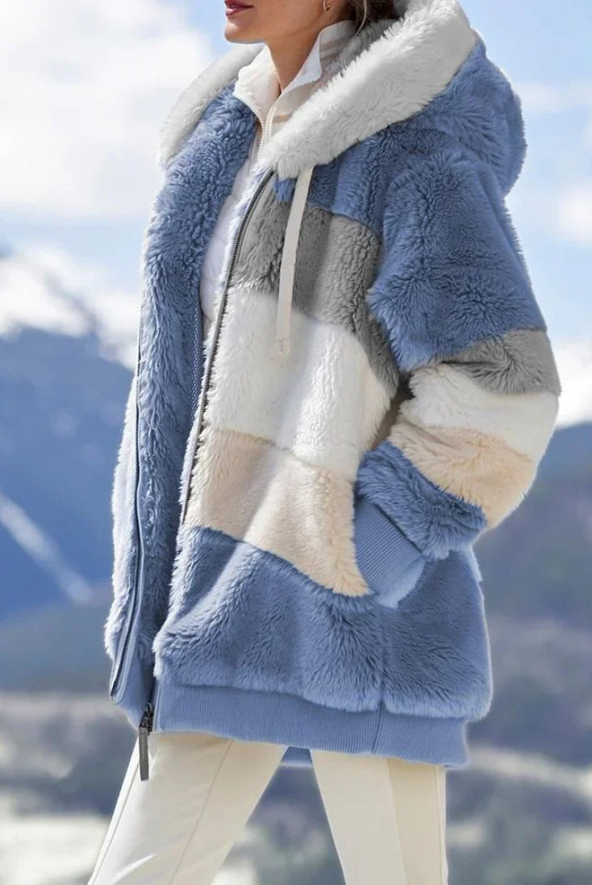Winter fashion women's coat with casual hood, zipper, cashmere blend, plaid pattern, suitable for cold weather.