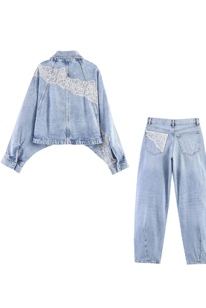 HH Spring Women Chic Lapel Single-breasted Lace Long Sleeve Short Denim Jacket and Light-wash jeans with lace pocket