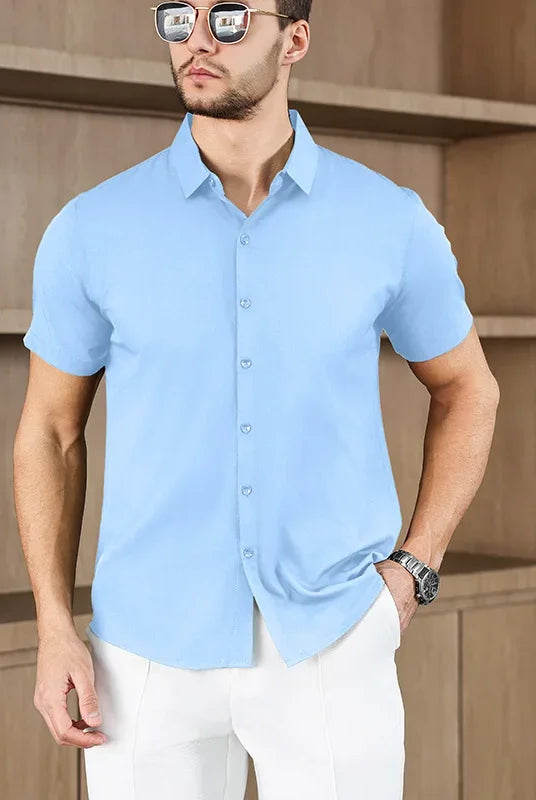 New Men's Business Casual Short Sleeved Shirt in light blue, breathable fabric, no ironing, versatile summer top.