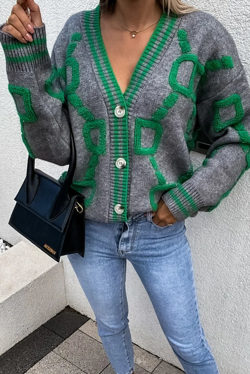 Autumn Winter Jacquard Knitted Coat Women Fashion V-neck long sleeve single breasted cardigan in gray with green geometric