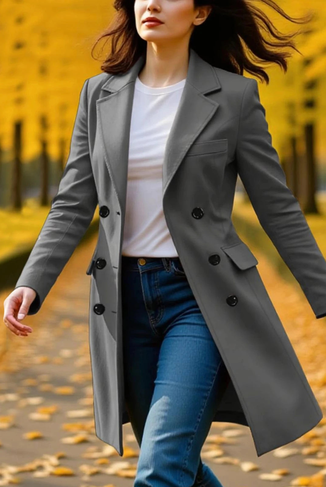 New Women's Coats Autumn Winter Long Sleeve Lapel Breasted Trench Coat in gray, stylish A-line design for fall and winter