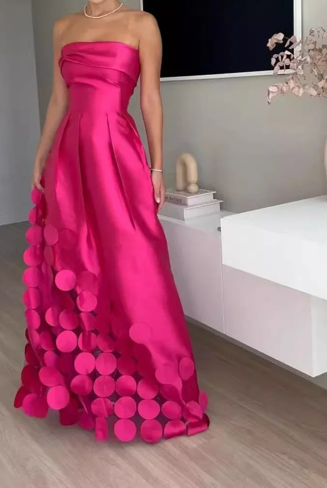 European and American fashion strapless high-waisted evening gown in vibrant pink satin with circular 3D embellishments and