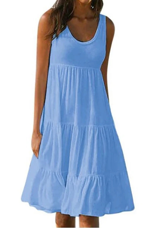 Women Casual Solid Mini Dress 2024 Summer sleeveless sundress with ruffles, loose fit, in light blue, ideal for beach