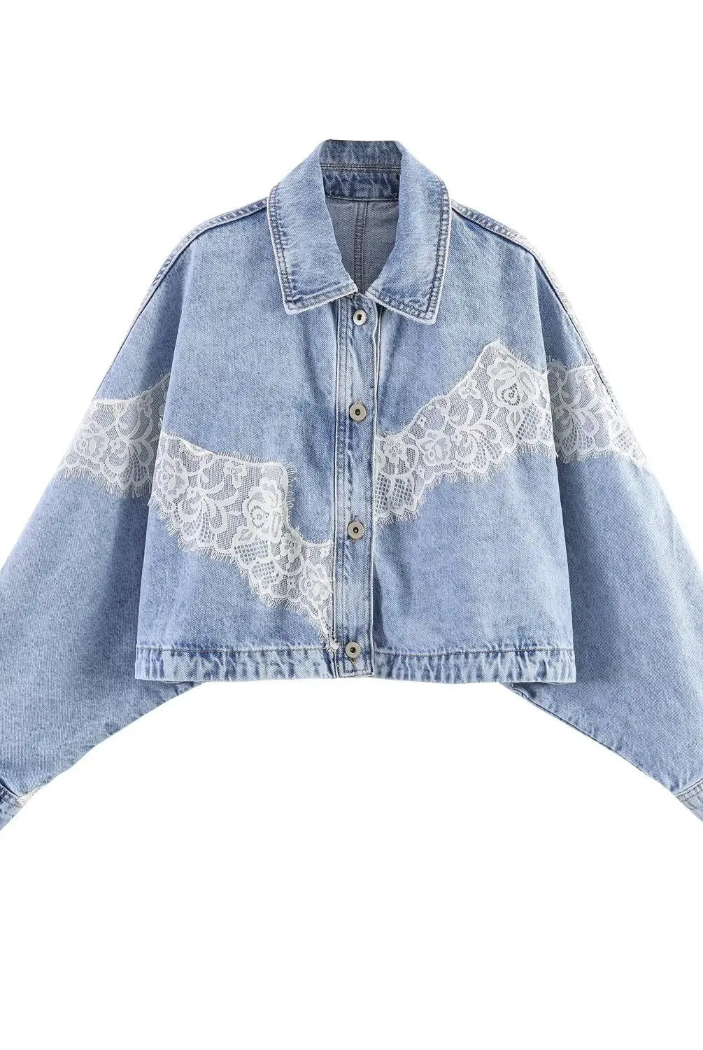 HH Spring Women Chic Lapel Single-breasted lace long sleeve short denim jacket with loose mid-rise hole decoration jeans