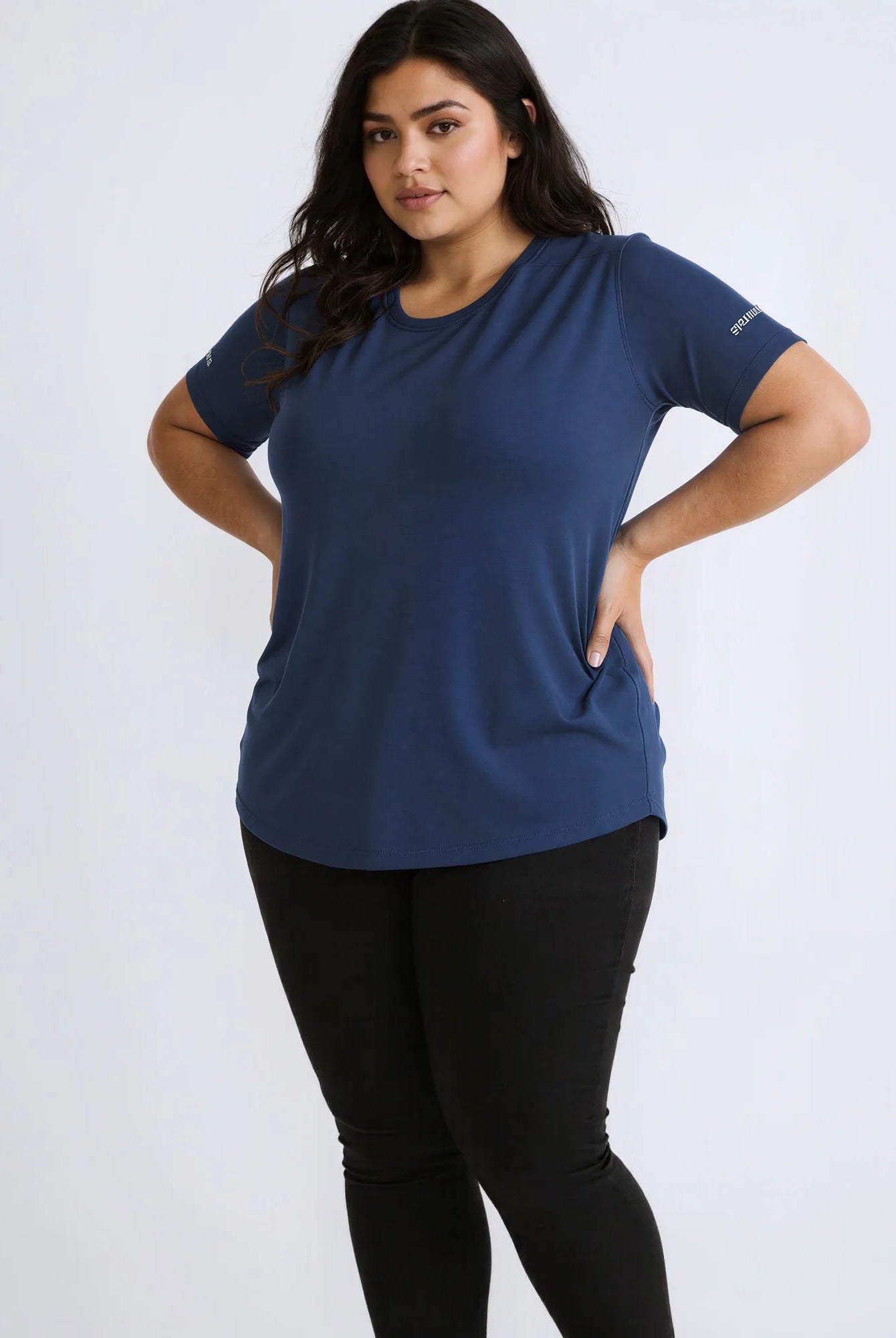 Plus size women's navy blue 1XL-7XL short sleeve sports T-shirt with round neckline, casual summer top, solid color