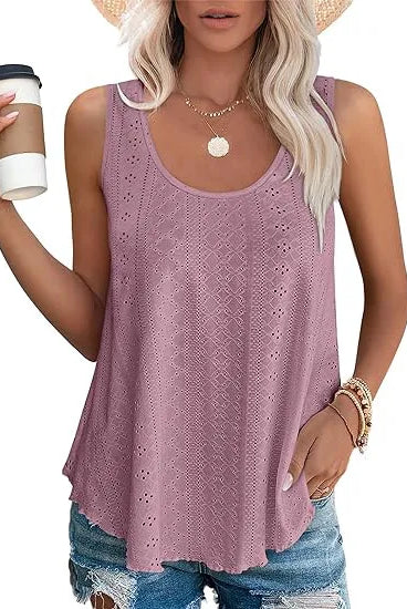 Solid color lavender sleeveless oversized T-shirt for women, casual summer tank top with eyelet details and relaxed fit.