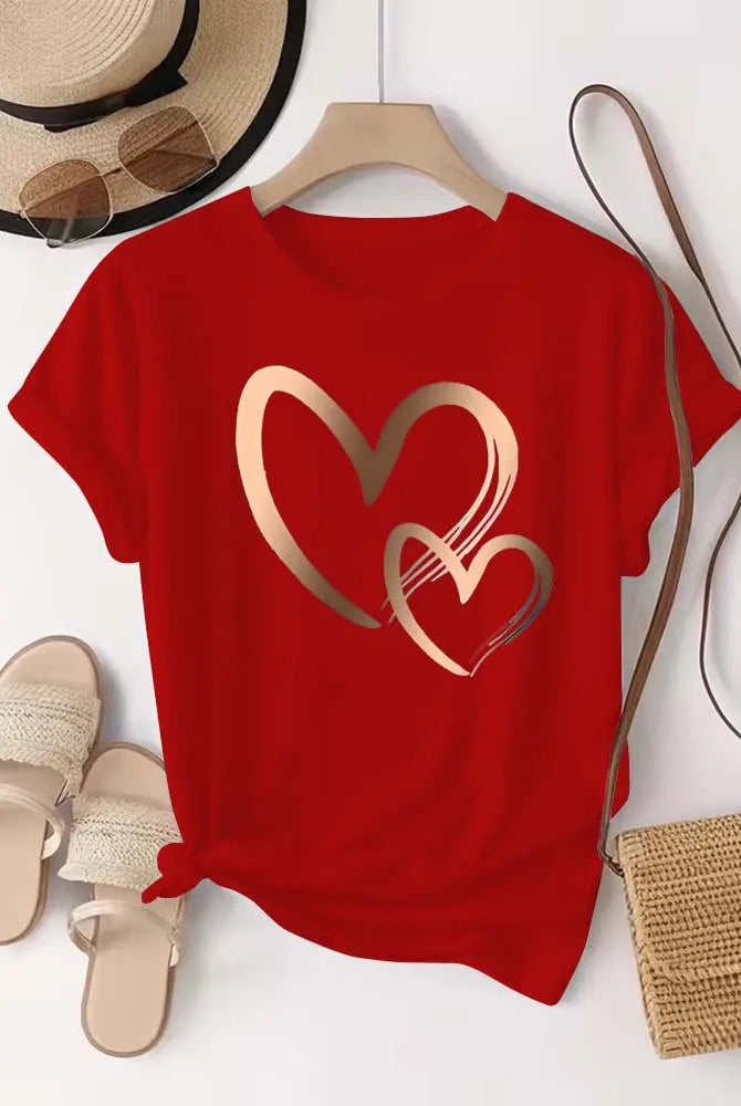 Summer New Fashion Women's Heart Printed T-shirt with trendy casual round neck, short sleeves, red color, and heart graphic design.