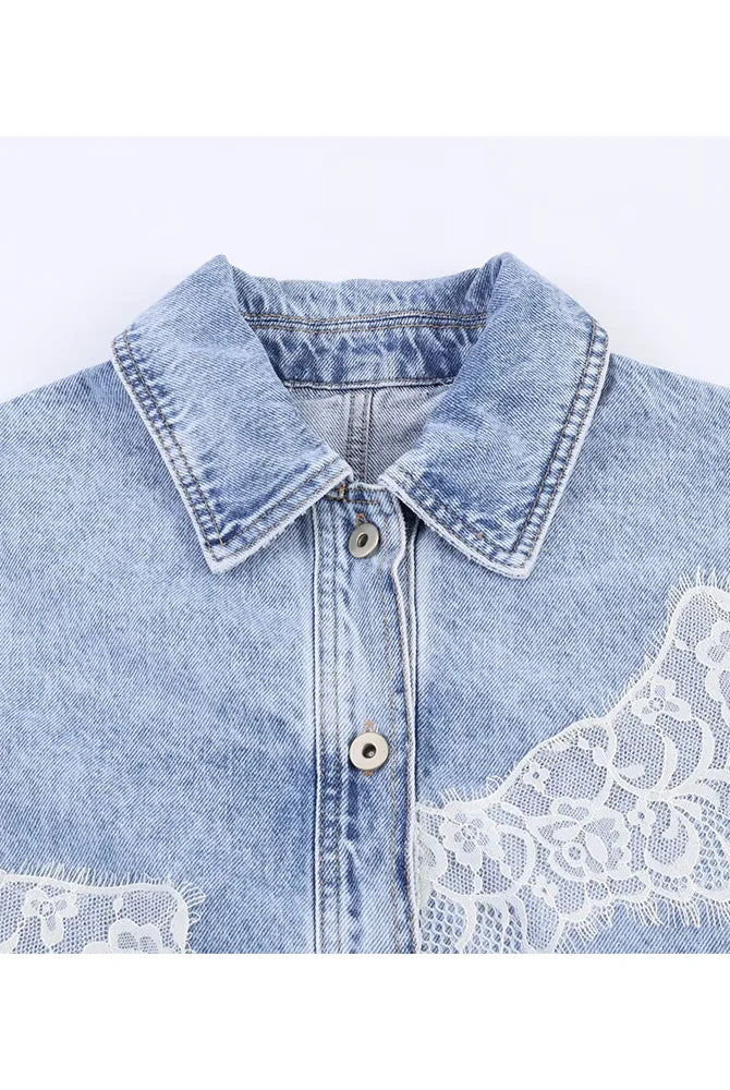 HH Spring Women Chic Lapel Single-breasted Lace Long Sleeve Short Denim Jacket with decorative lace details and metal buttons