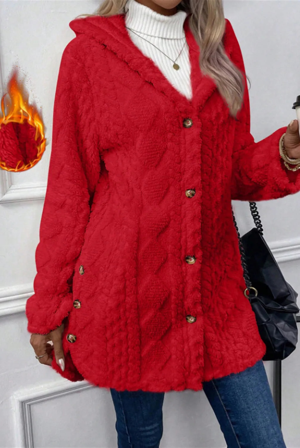 Women Cardigan Hoodie Jacket Autumn Winter Argyle Textured Pattern with hood, irregular hem, button closure, fleece