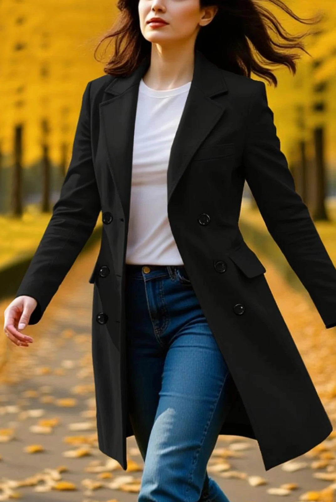 New Women's Coats Autumn Winter Long Sleeve Lapel Breasted Trench Coat in black, stylish A-line design, perfect for fall and