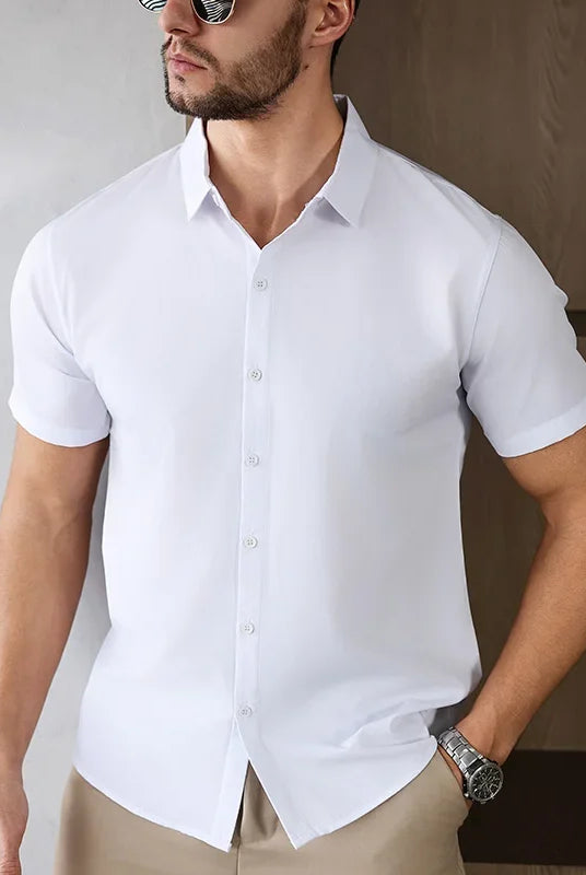 New Men's Business Casual Solid Color Short Sleeved Shirt for Summer Fashion No Ironing, comfortable slim fit white cotton top