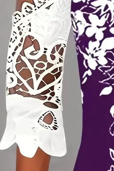 Large size women's fashionable temperament lace patchwork V-neck print off shoulder sleeves lace patchwork top with floral