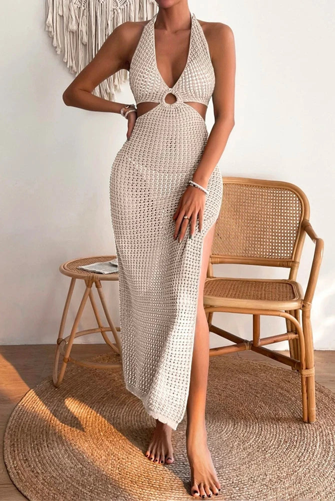 Fashionable and elegant Woolen Dress Women's Bikini with solid round neck, hollow skirt design in beige, worn as a stylish summer outfit.