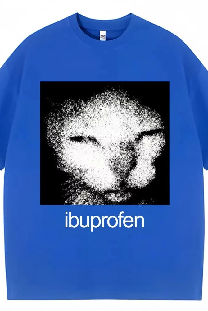 2025 Vintage Funny Ibuprofen Cat Meme Graphic T Shirt in blue with distressed black and white cat face design and ibuprofen