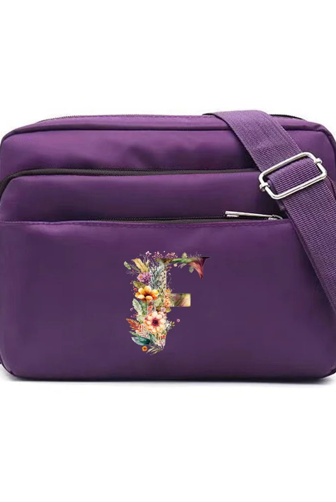Leisure Purple One Shoulder Crossbody Bag with floral letter series printing, large capacity for commuting and storage.