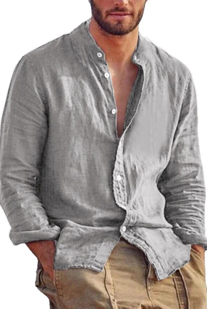 New Men's Solid Color Long Sleeve Shirt Linen Cotton Shirts Trend Plus-size Stand Collar Casual Lightweight Beach Tops
