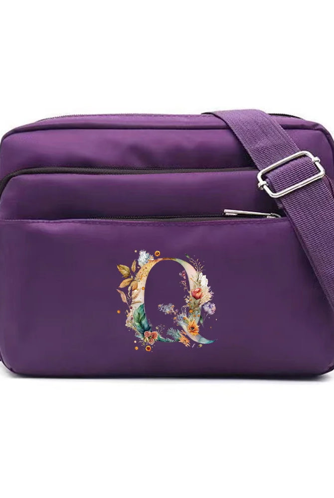 Leisure Purple One Shoulder Crossbody Bag with floral letter series print, large capacity, made of durable fabric for