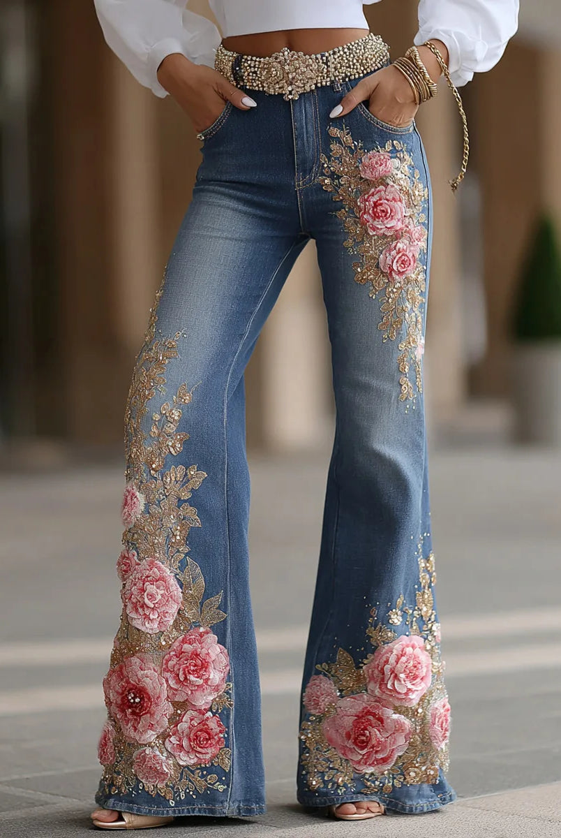 Womens 3D Printed Denim Flared Pants Slim Fit Bell Bottom Jeans with pink floral embroidery and gold accents, casual daily outdoor versatile fashion trousers.