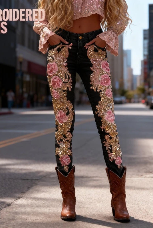 3D Floral womens straight leg jeans with pink embroidered roses and gold details, designed for casual street style and daily wear.