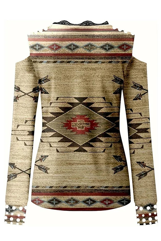 Geometric Print Lace Trim V Neck T-Shirt for women with long sleeves, featuring tribal patterns in beige, red, black, and white, casual spring fall top.