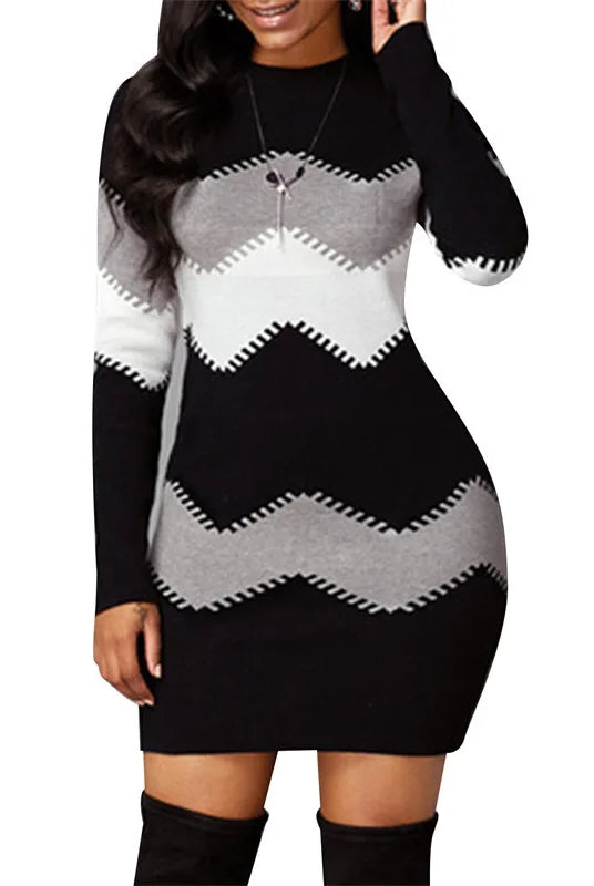 Women elegant patchwork long sleeve warm dress 2022 autumn winter rib knit sweater dress casual turtleneck mini dress in