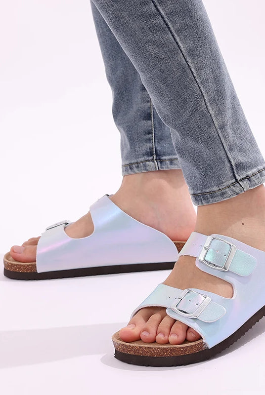 Comwarm New Women's Gradient Slippers with double buckles, iridescent cork sandals, summer beach flats for women.