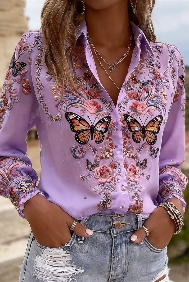 Long-sleeved women's shirt in lavender with 3D butterfly and floral embroidery, featuring tree branch lapel pattern, made of lightweight fabric.