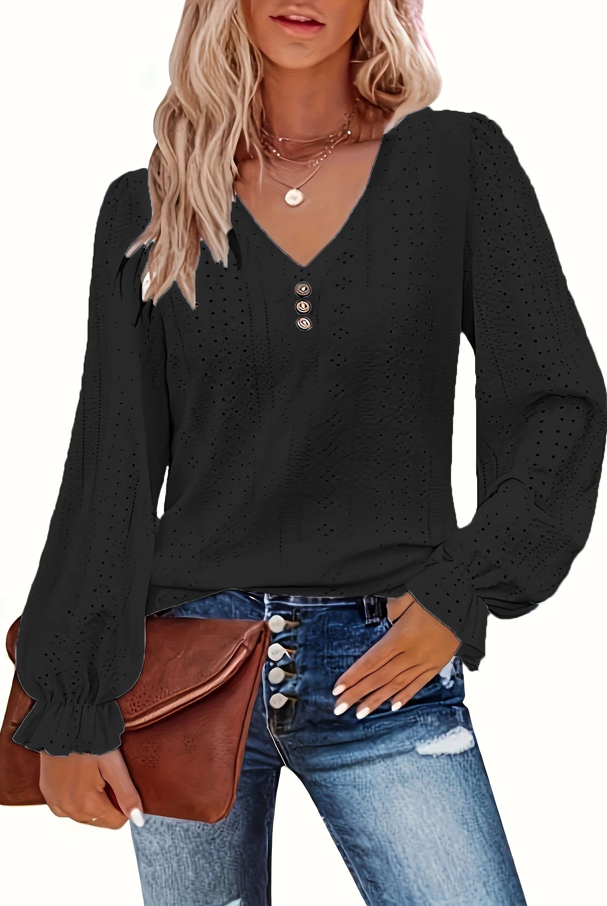 Plus Size Eyelet Button Decor T-Shirt for women, black V-neck long sleeve top with eyelet details, suitable for spring and