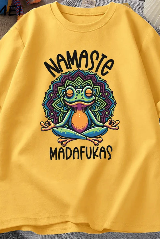 Funny Yoga T Shirt Frog Self Care T-Shirt with colorful mandala design, cotton short sleeve, positive cottagecore style.
