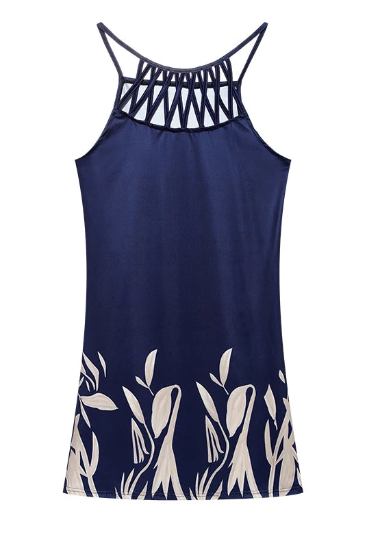 2024 Summer National Wind Positioning Printing Mesh Belt Sleeveless Casual Dress in navy blue with a decorative mesh neckline and floral pattern at the hem.