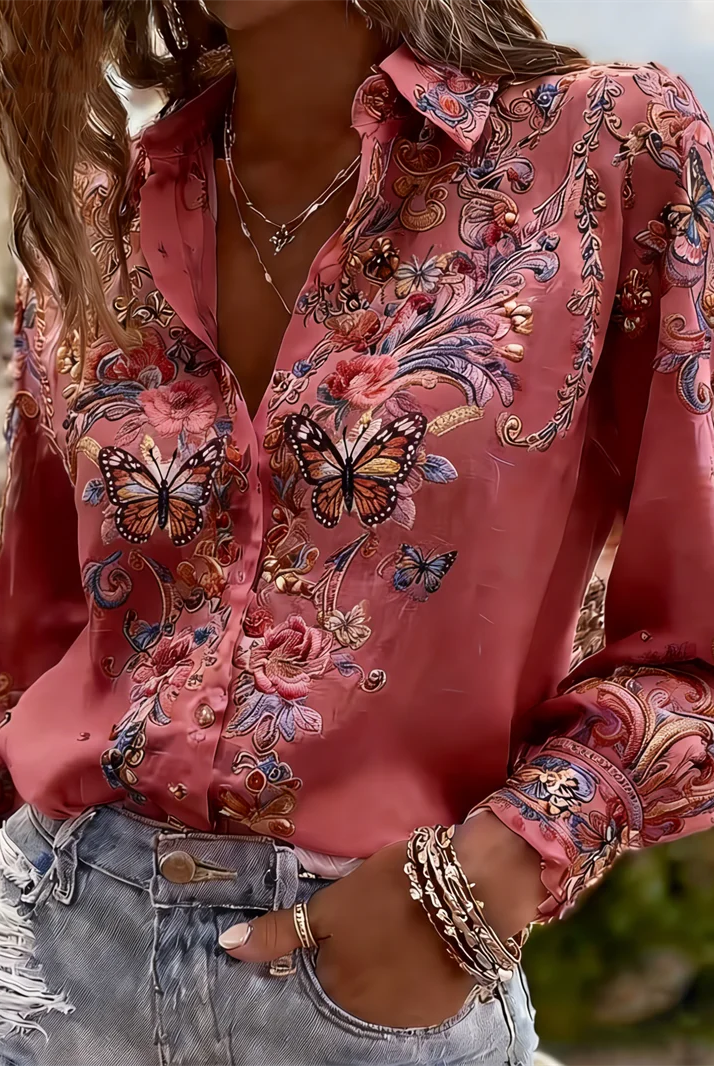 New 11 color long-sleeved women's shirt with 3D flower print, butterfly details, and tree branch pattern on the lapel, made of silky fabric.
