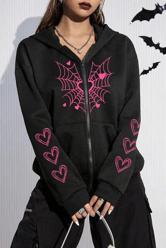 2025 Hot Sale Women's Hoodie with pink spider web and heart print, black zip-up sweatshirt, all-season casual urban fashion