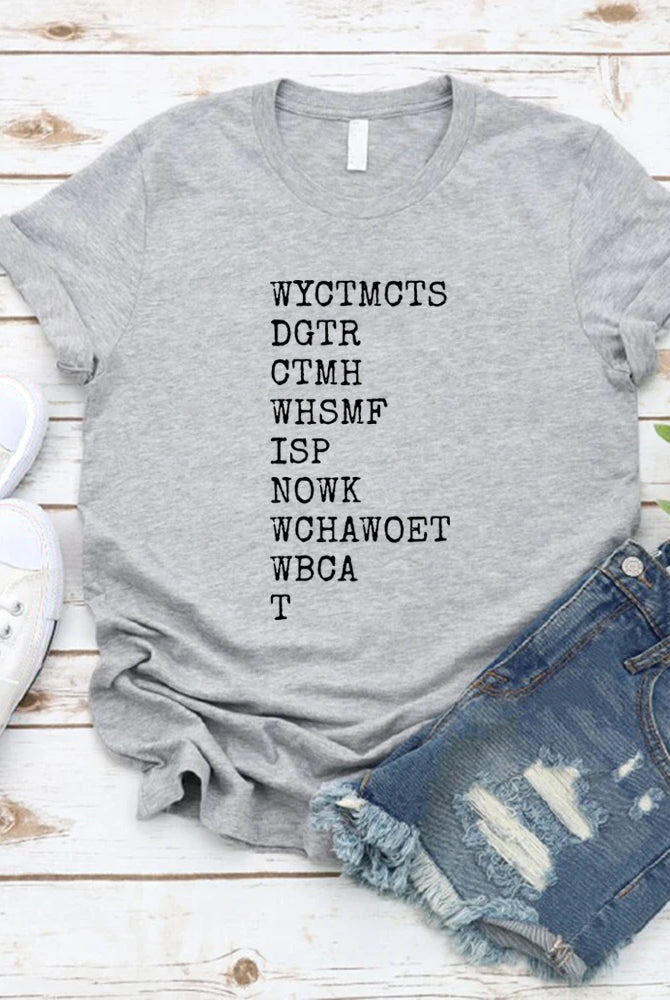 Will You Come To My Cottage This Summer Quote T-Shirt in heather gray with black text, paired with distressed denim shorts