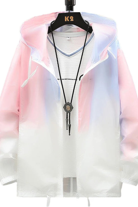 2026 Women Jacket Summer Gradient Y2K Hip Hooded Light Thin Coats Windbreaker with hood, pastel pink and blue color, casual
