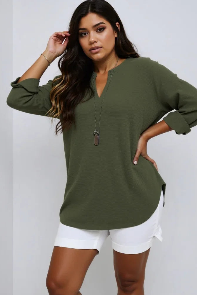 Plus Size 2025 New Casual Tops women's loose long sleeve stand collar T-shirt in green polyester fabric, V-neck, fashion
