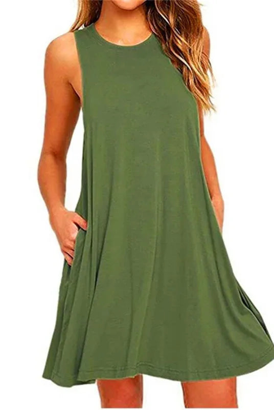 Women's Dress Summer Casual T Shirt Dresses Beach Cover up Plain Pleated Tank Pockets Dress in green, sleeveless, knee-length, lightweight fabric.