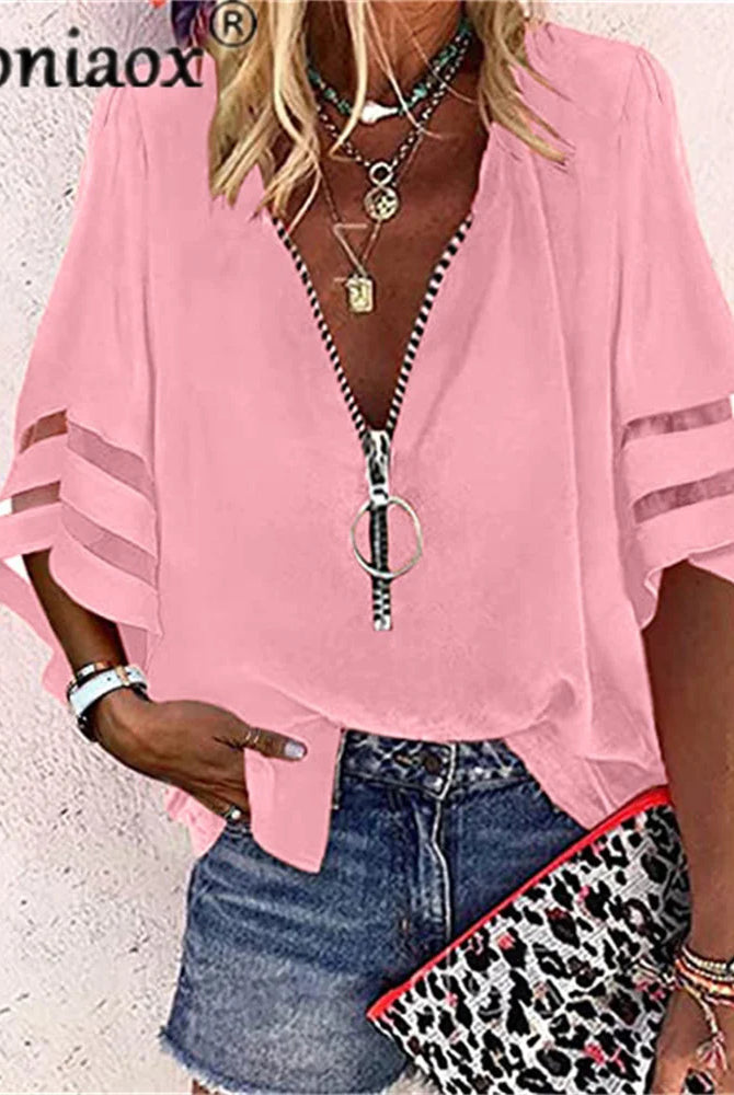 Pink lace patchwork flared sleeve mesh solid blouse with zipper V-neck, casual summer women's top from the Sexy Lace