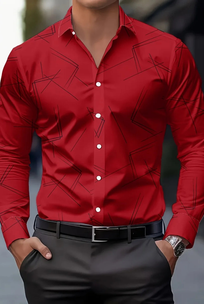 Men's Trendy Geometric 3D Line Print Long-Sleeved White Lapel Shirt with button-up front, casual fashion style, worn by a