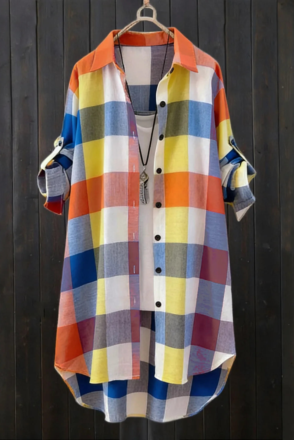 Women's plaid shirt casual blouse for women, long sleeve check linen cotton top with multicolor pattern and button-front design.