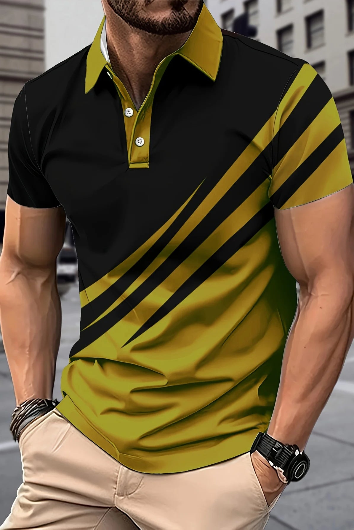 Men's Color block Short Sleeve Golf T-shirt with black and yellow design, collared, suitable for summer business and tennis
